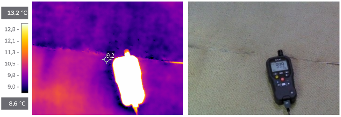 Mokra wykładzina. MR77 wskazuje 99% wilgotności